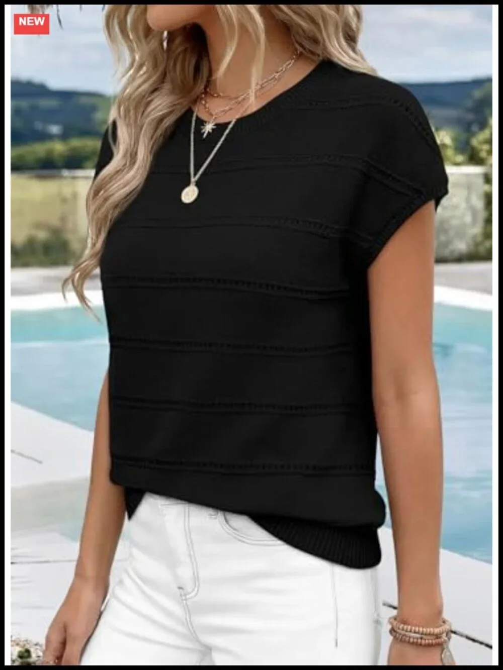 Women's Cap Sleeve Hollow Out Knit Pullover Sweater - Lightweight